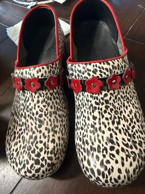 Sanita (KOI) LIKE NEW WORN IN MY HOME-White & Black Leopard Clogs with Red Trim